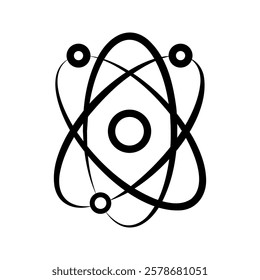 Atom icon. Quantum physics. Black color logo isolated on white background. Medical symbol. Nuclear energy. Molecule structure. Fusion reactor. Proton core. Atomic neutron power. Vector illustration