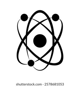 Atom icon. Quantum physics. Black color logo isolated on white background. Medical symbol. Nuclear energy. Molecule structure. Fusion reactor. Proton core. Atomic neutron power. Vector illustration