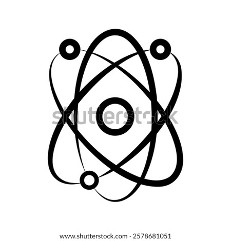 Atom icon. Quantum physics. Black color logo isolated on white background. Medical symbol. Nuclear energy. Molecule structure. Fusion reactor. Proton core. Atomic neutron power. Vector illustration
