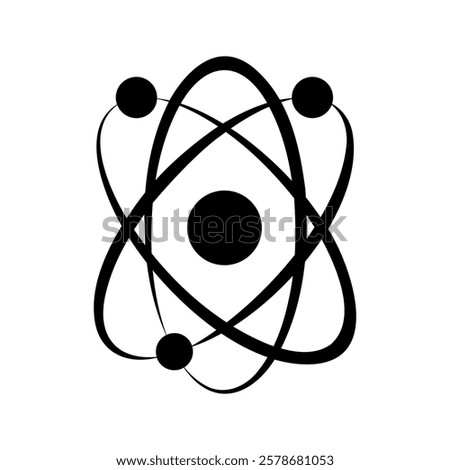 Atom icon. Quantum physics. Black color logo isolated on white background. Medical symbol. Nuclear energy. Molecule structure. Fusion reactor. Proton core. Atomic neutron power. Vector illustration