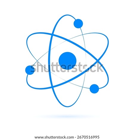 Atom icon. Quantum physics. Scientific logo isolated on white background. Medical symbol. Nuclear energy. Molecule structure. Fusion reactor. Proton core. Atomic power rings. Vector illustration
