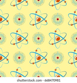 Atom icon seamless pattern background vector illustration connection cell texture physics scientific.