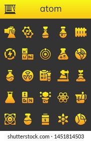 atom icon set. 26 filled atom icons.  Simple modern icons about  - Flask, Momentum, Molecule, Science, Radiator, Energy, Periodic table, Atom, Geothermal, Radioactive, Chemical reaction