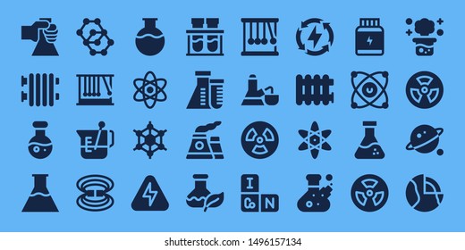 atom icon set. 32 filled atom icons. on blue background style Collection Of - Flask, Radiator, Science, Flasks, Molecule, Momentum, Beaker, Magnetic field, Atom, Graphene, Energy