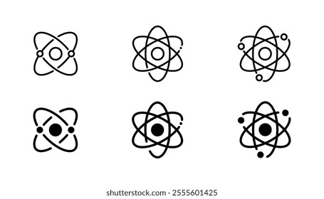 Atom icon set. Atomic science construction symbol. Atom outline solid. Vector icons