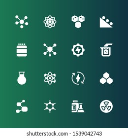 atom icon set. Collection of 16 filled atom icons included Nuclear, Flask, Molecules, Molecule, Benzene, Eco energy, Atom, Beaker, Energy, Protein, Gravity