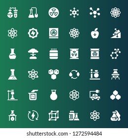 atom icon set. Collection of 36 filled atom icons included Flask, Atom, Molecules, Eco energy, Benzene, Energy, Atomic, Beaker, Molecule, Radioactive, Nuclear, Protein, Gravity