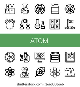atom icon set. Collection of Chemical, Gravity, Chemistry, Bioengineering, Radioactive, Formula, Periodic table, Nanotechnology, Wind socket, Radiation, Atomic, Laboratory icons