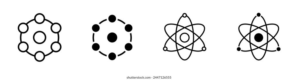 Atom icon set. Molecular particles vector sign. Nuclear orbit model symbol. Scientific microscopic chemistry element. Proton, neutron and electron icon set. Physics nucleus illustration isolated.