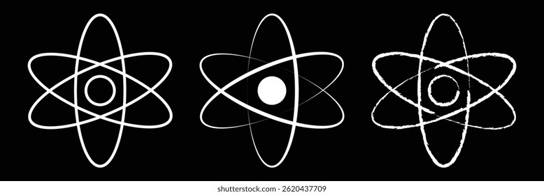 Atom icon set. Molecular particles vector sign. Nuclear orbit model symbol. Scientific microscopic chemistry element. Proton, neutron and electron icon set. 