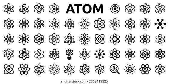 Atom icon set. Science and physics symbol, atomic structure, electron, proton, particle and molecule sign. Vector illustration.