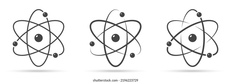 Atom icon. Set of vector symbols, different drawing options. Universal models of molecular structure for scientific articles and concepts. Electrons in orbits revolve around the nucleus.