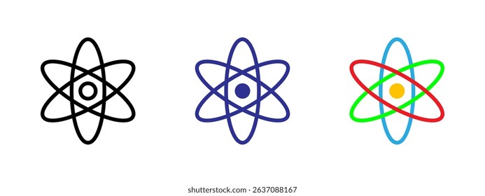 Atom icon. Simplified atomic structure with nucleus and orbiting electrons vector illustration. Scientific representation of nuclear and molecular physics concept. Energy and research model symbol.