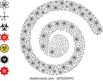Atom icon spiral twist collage. Atom elements are combined into curl vector illustration. Element twist is combined from random atom symbols. Some bonus icons are attached.