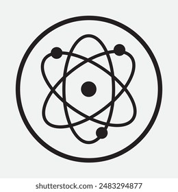 Atom icon. Symbol of science, education and research. Atom icon on white background. Vector illustration.
