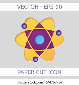 Atom icon. Used as an icon or logo for web printing, leaflets, postcards, posters, brochures. Vector illustration. Paper cut design style.