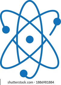 Atom icon. Vector illustration. Symbol of science, education, nuclear physics, scientific research. Three electrons rotate in orbits around atomic nucleus. Concept of elementary particles design.