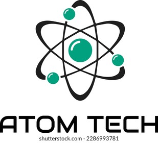 Atom icon, Vector illustration, Symbol of science, education, nuclear physics, scientific research, Three electrons rotate in orbits around atomic nucleus, Concept of elementary particles