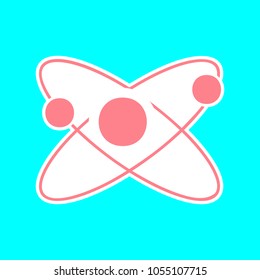 Atom icon. Vector. Magenta icon with white sticker contour at sky blue background. Isolated.