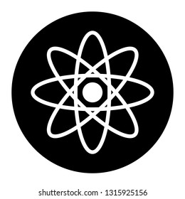 Atom icon vector on black circle. White background
