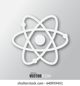 Atom icon in white style with shadow isolated on grey background. For your design, logo. Vector illustration.