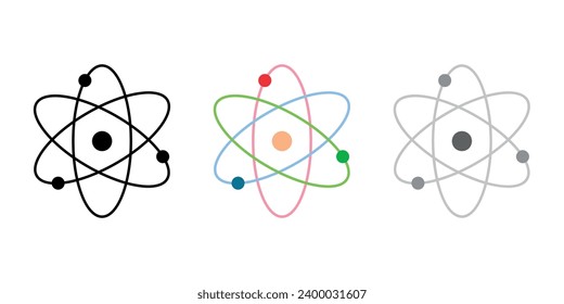 Atom icons. Atom icon symbol vector illustration. Nuclear physics. Three electrons rotate in orbits around atomic nucleus. Scientific resources for teachers and students.