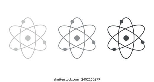 Atom icons. Atom icon symbol vector illustration. Nuclear physics. Three electrons rotate in orbits around atomic nucleus. Scientific resources for teachers and students.