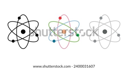 Atom icons. Atom icon symbol vector illustration. Nuclear physics. Three electrons rotate in orbits around atomic nucleus. Scientific resources for teachers and students.