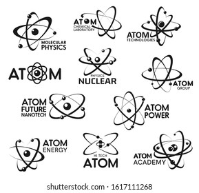 Atom icons, molecular technology and atomic physics signs. Vector chemical laboratory, atom science and nanotech research symbols, nuclear physics academy, atom power and energy company