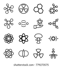 Atom icons. set of 16 editable outline atom icons such as chemical structure, pressure, radiation