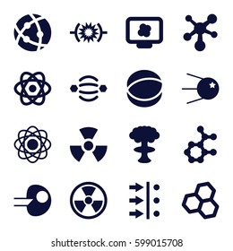 atom icons set. Set of 16 atom filled icons such as radiation, pressure, core, nuclear explosion