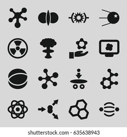 Atom icons set. set of 16 atom filled icons such as pressure, core, radiation, nuclear explosion