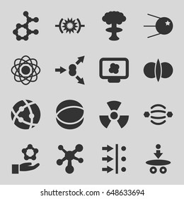 Atom icons set. set of 16 atom filled icons such as radiation, pressure, core