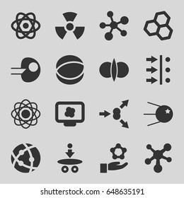 Atom icons set. set of 16 atom filled icons such as radiation, core