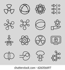 Atom icons set. set of 16 atom outline icons such as radiation, core