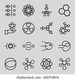 Atom icons set. set of 16 atom outline icons such as pressure, core, radiation