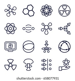 Atom icons set. set of 16 atom outline icons such as radiation, nuclear explosion