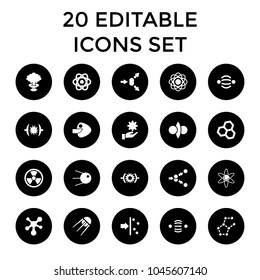 Atom icons. set of 20 editable filled atom icons such as chemical structure, pressure, core, radiation. best quality atom elements in trendy style.