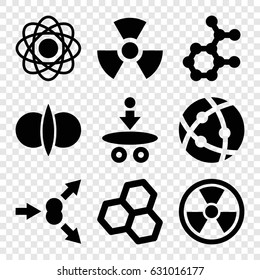 Atom icons set. set of 9 atom filled icons such as radiation