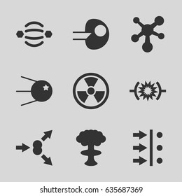 Atom icons set. set of 9 atom filled icons such as pressure, core, radiation