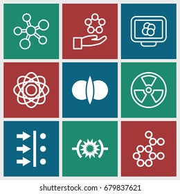 Atom icons set. set of 9 atom filled and outline icons such as pressure