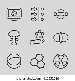 Atom icons set. set of 9 atom outline icons such as radiation, nuclear explosion