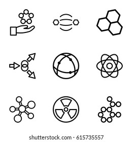 Atom icons set. set of 9 atom outline icons such as radiation