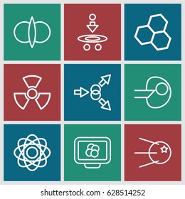 Atom icons set. set of 9 atom outline icons such as radiation, core