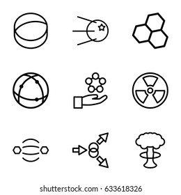 Atom icons set. set of 9 atom outline icons such as core, radiation, nuclear explosion