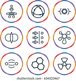 Atom icons set. set of 9 atom outline icons such as radiation, pressure