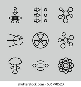 Atom icons set. set of 9 outline icons such as core, radiation