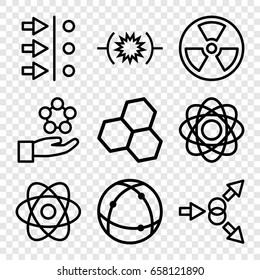 Atom icons set. set of 9 atom outline icons such as pressure, radiation