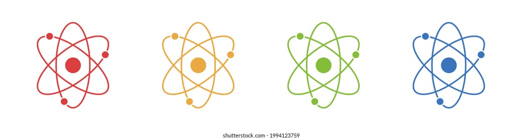 Atom icons set isolated on white background. Structure of the nucleus of the atom. Around the atom, gamma waves, protons, neutrons and electrons. Vector illustration
