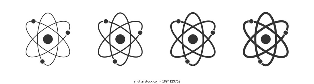 Atom icons set isolated on white background. Structure of the nucleus of the atom. Around the atom, gamma waves, protons, neutrons and electrons. Vector illustration
